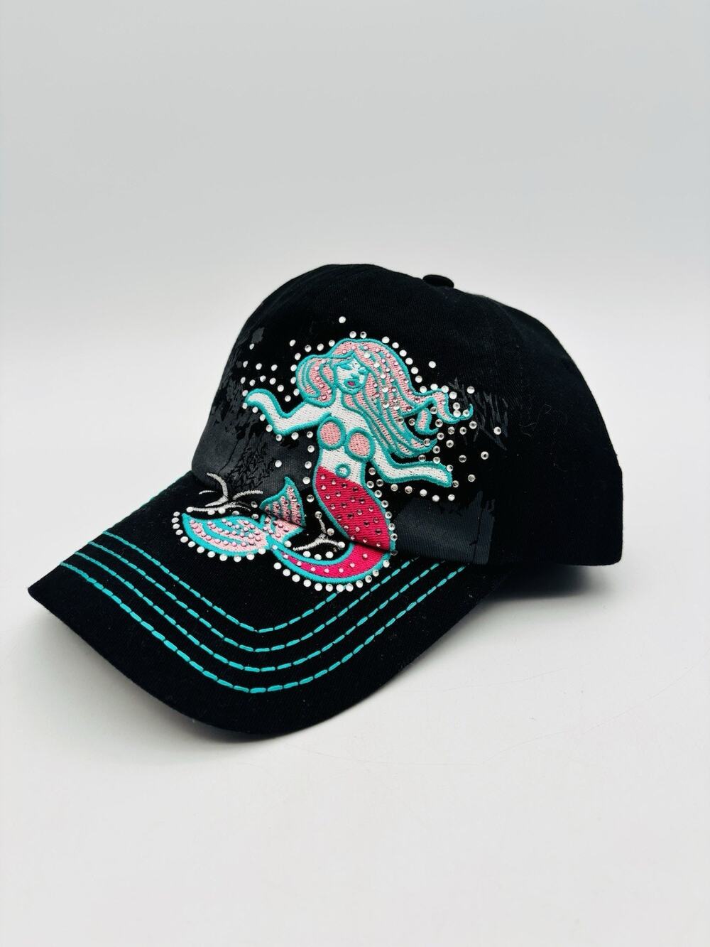 New Women’s Black Mermaid Cap Embroidered With Adjustable Strap Back NWT